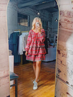 Christmas Plaid Bubble Sleeve Mini Dress