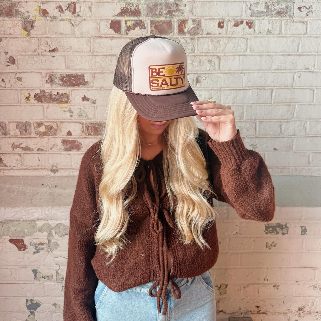 Be Salty DTF Printed Brown and Tan Trucker Hat