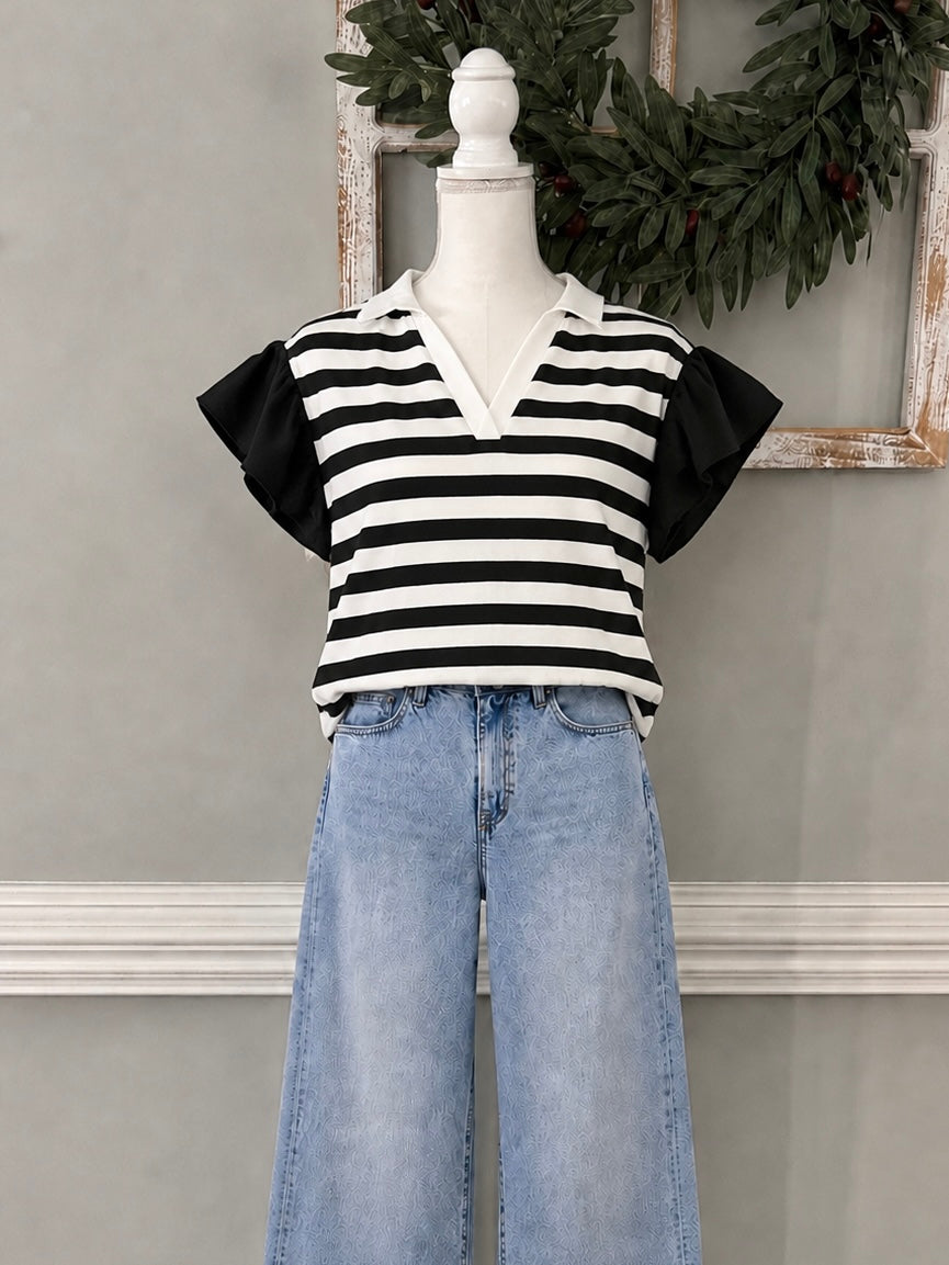 Everlee Stripe Collar Ruffled Blouse
