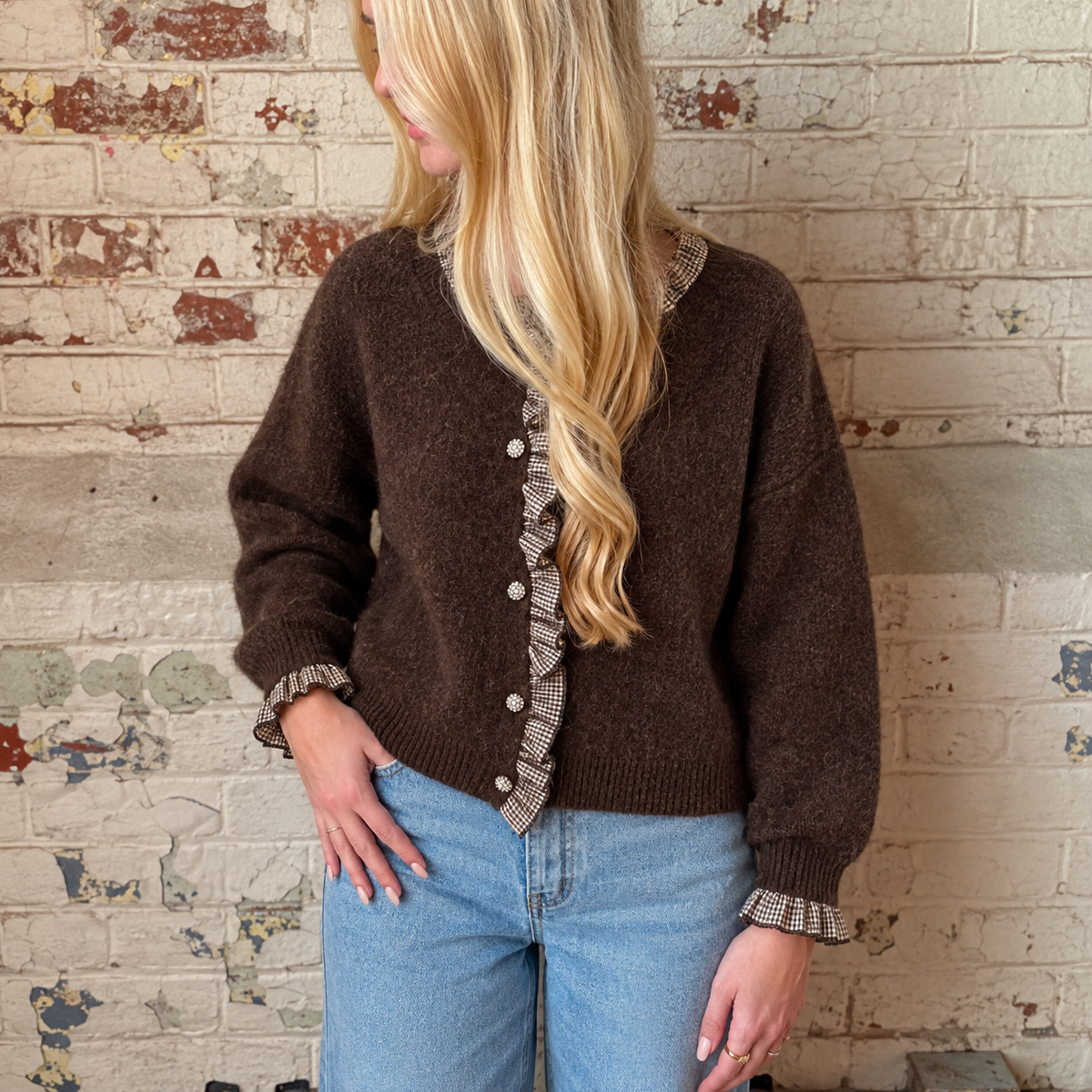 Carry Plaid Ruffle Sweater Cardigan