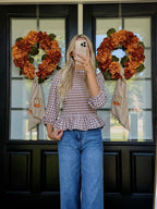 Plaid Sleeve Shirred Top