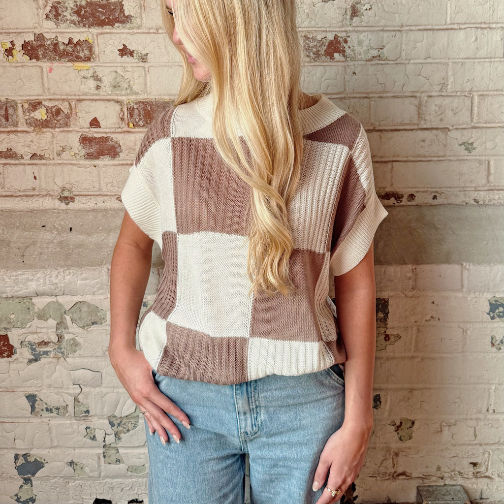 Checkered Block Short Sleeve Sweater