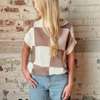 Checkered Block Short Sleeve Sweater