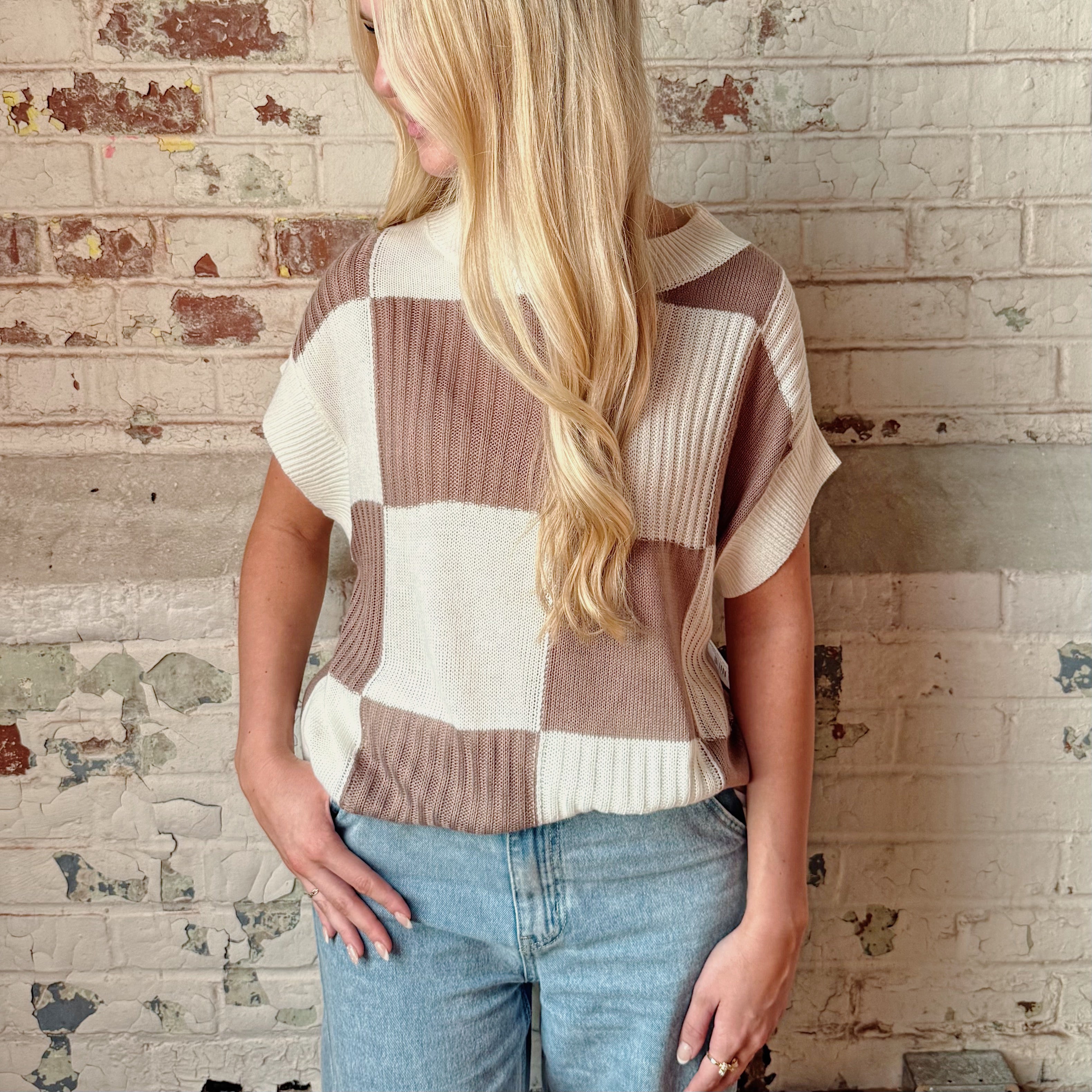 Checkered Block Short Sleeve Sweater