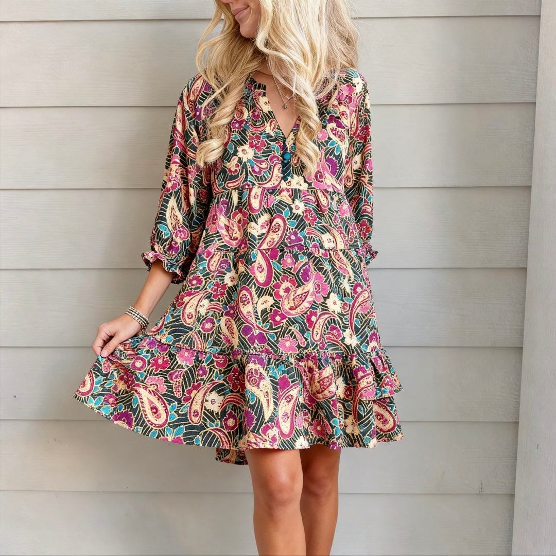 Satin Paisley V-Notched Dress