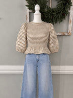 Plaid Sleeve Shirred Top