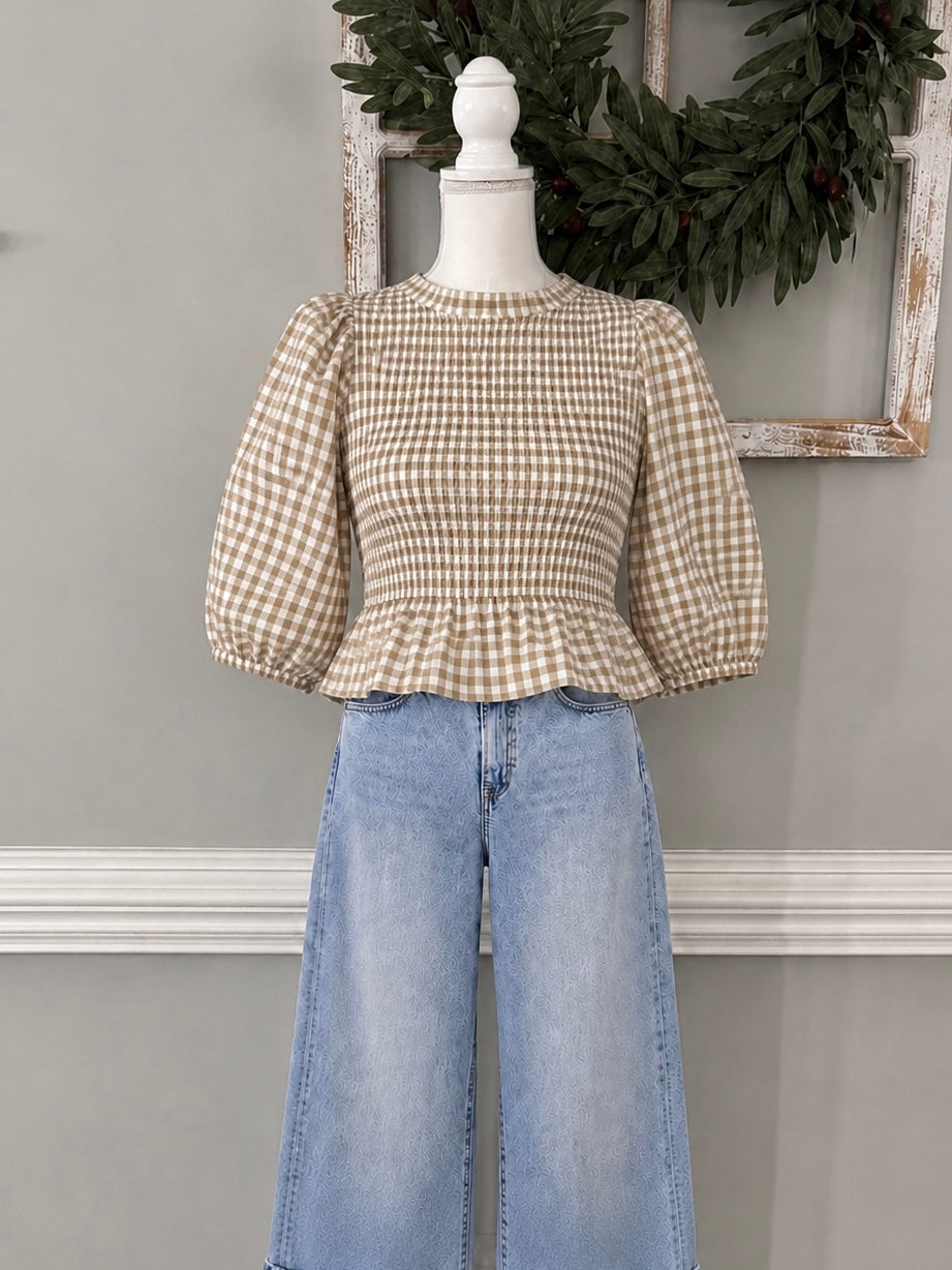 Plaid Sleeve Shirred Top