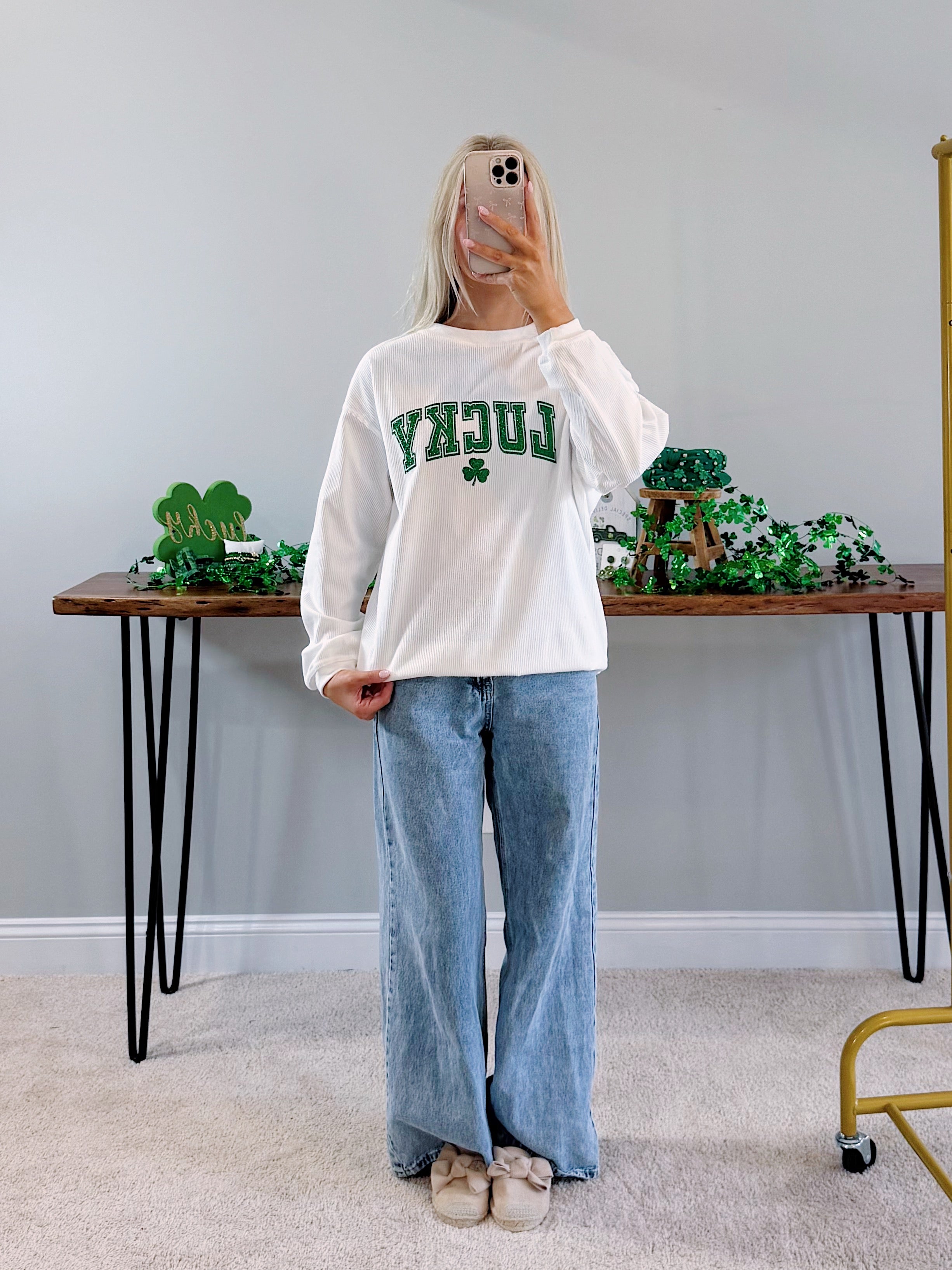 White Ribbed St Patrick Sweatshirt