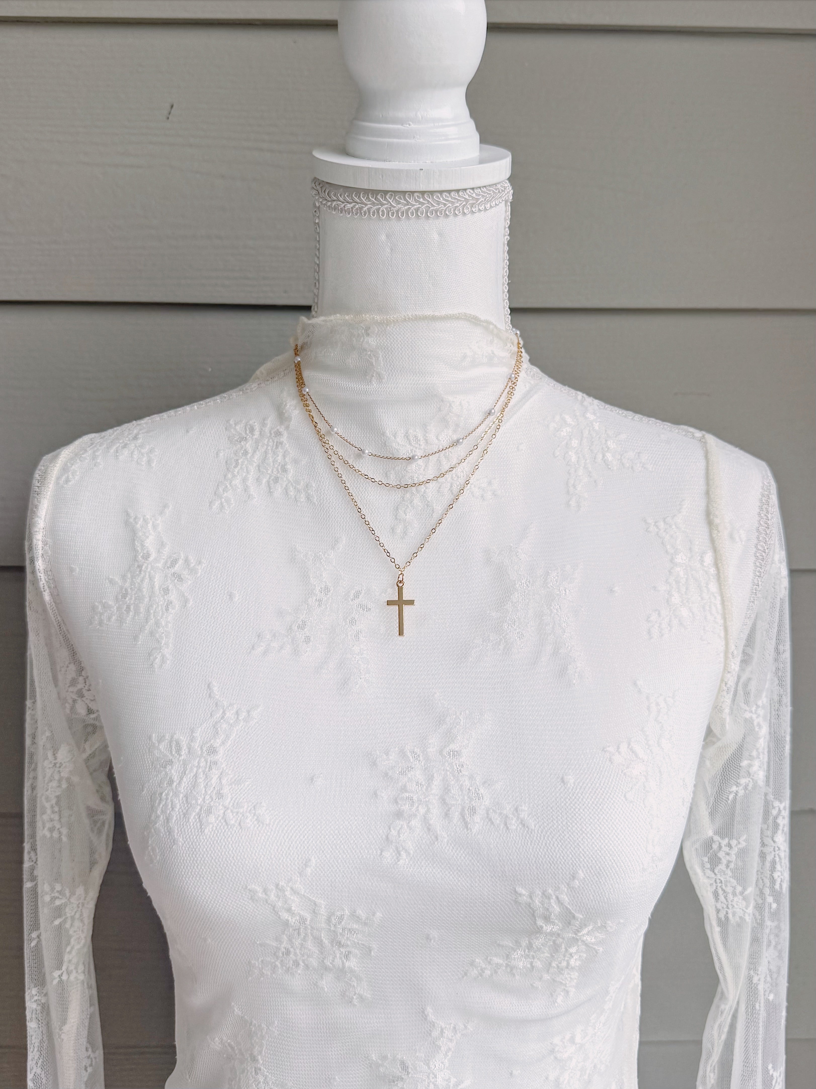 Cross Pendant Pearl Triple Layer Chain Necklace