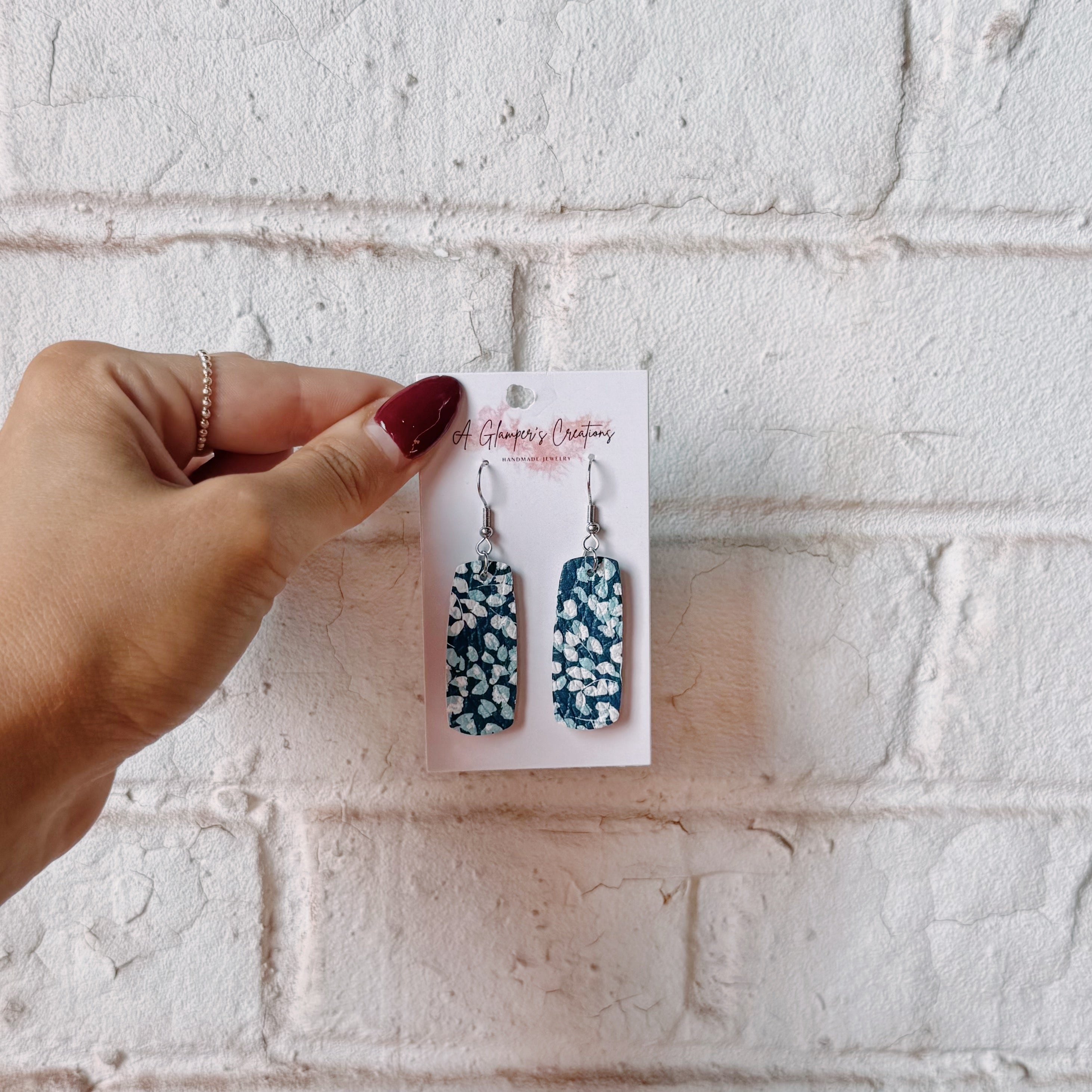 White & Blue Floral Leather Earrings