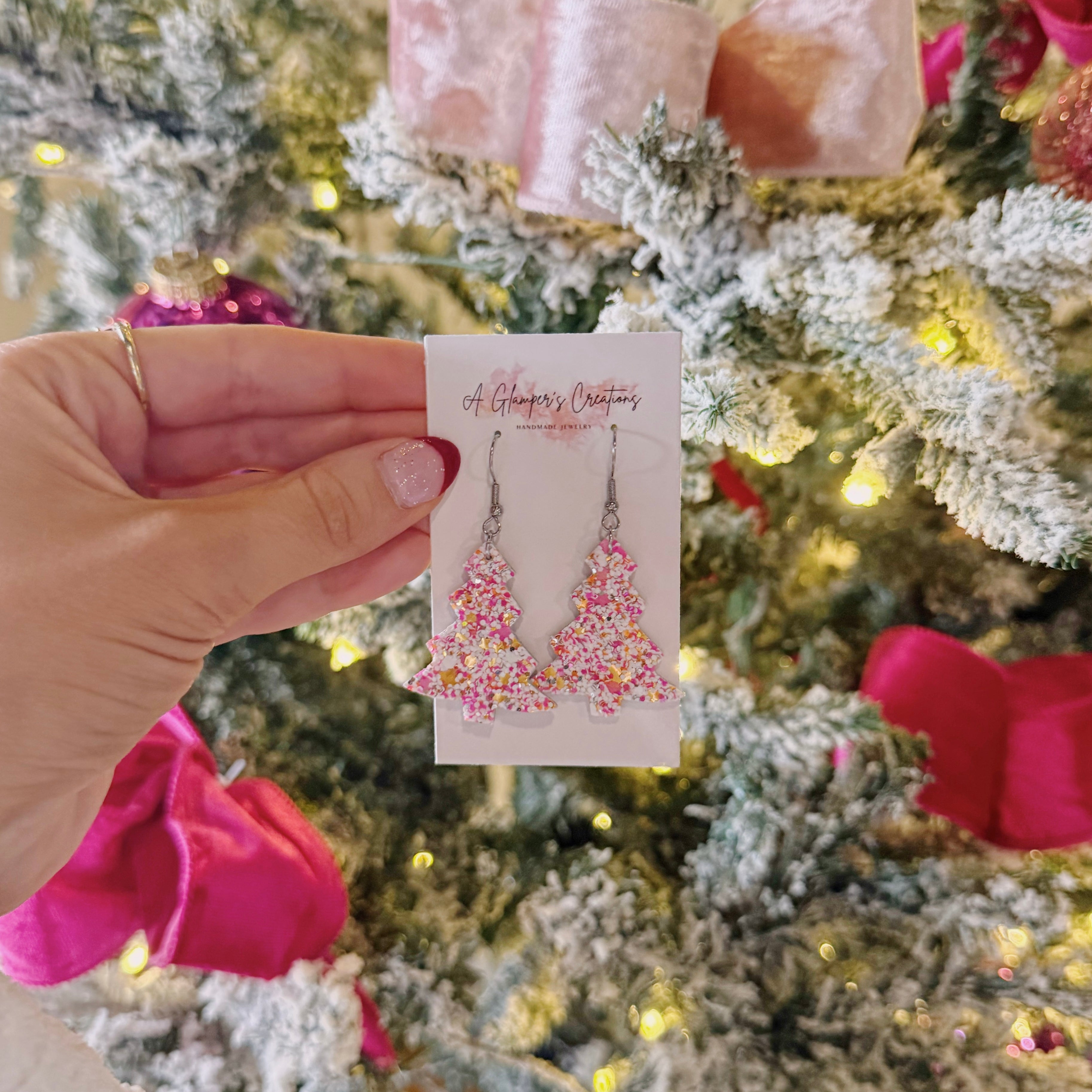 Pink Christmas Tree Leather Earrings