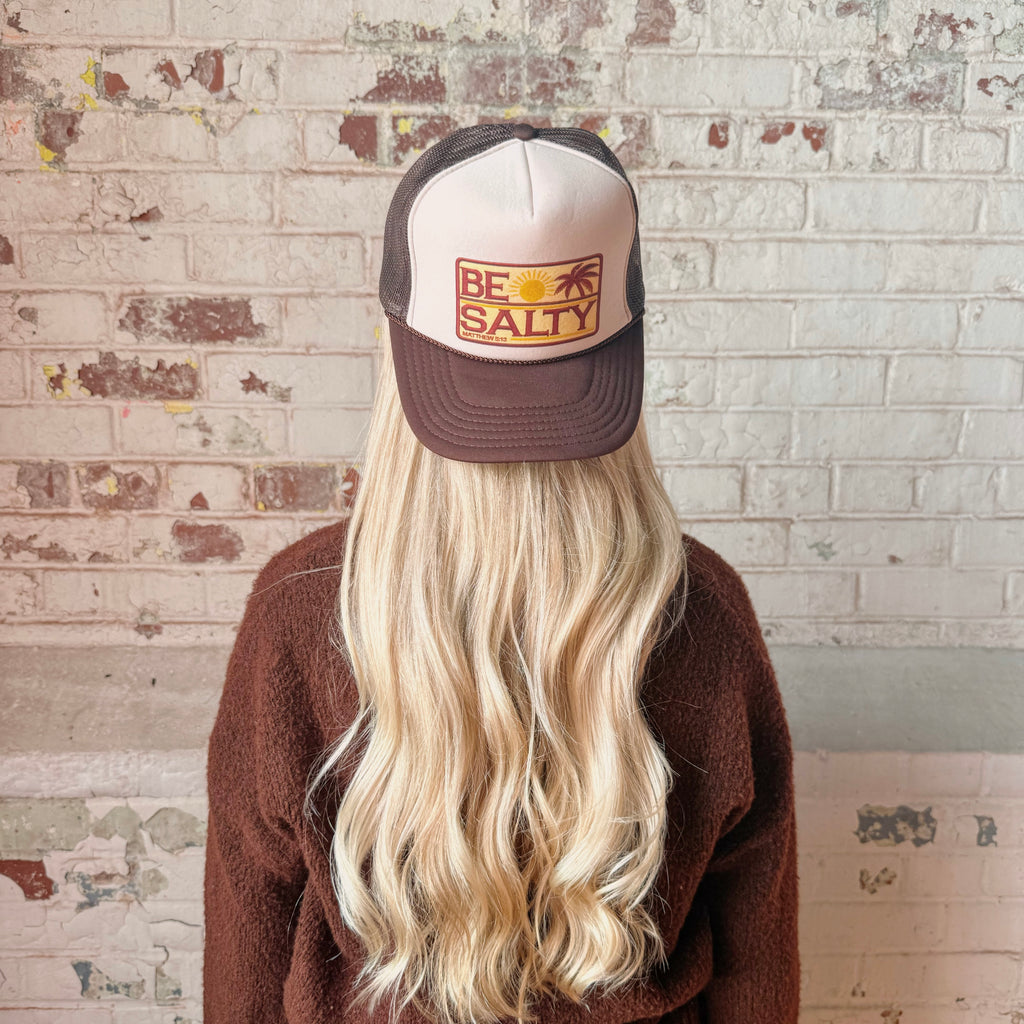 Be Salty DTF Printed Brown and Tan Trucker Hat
