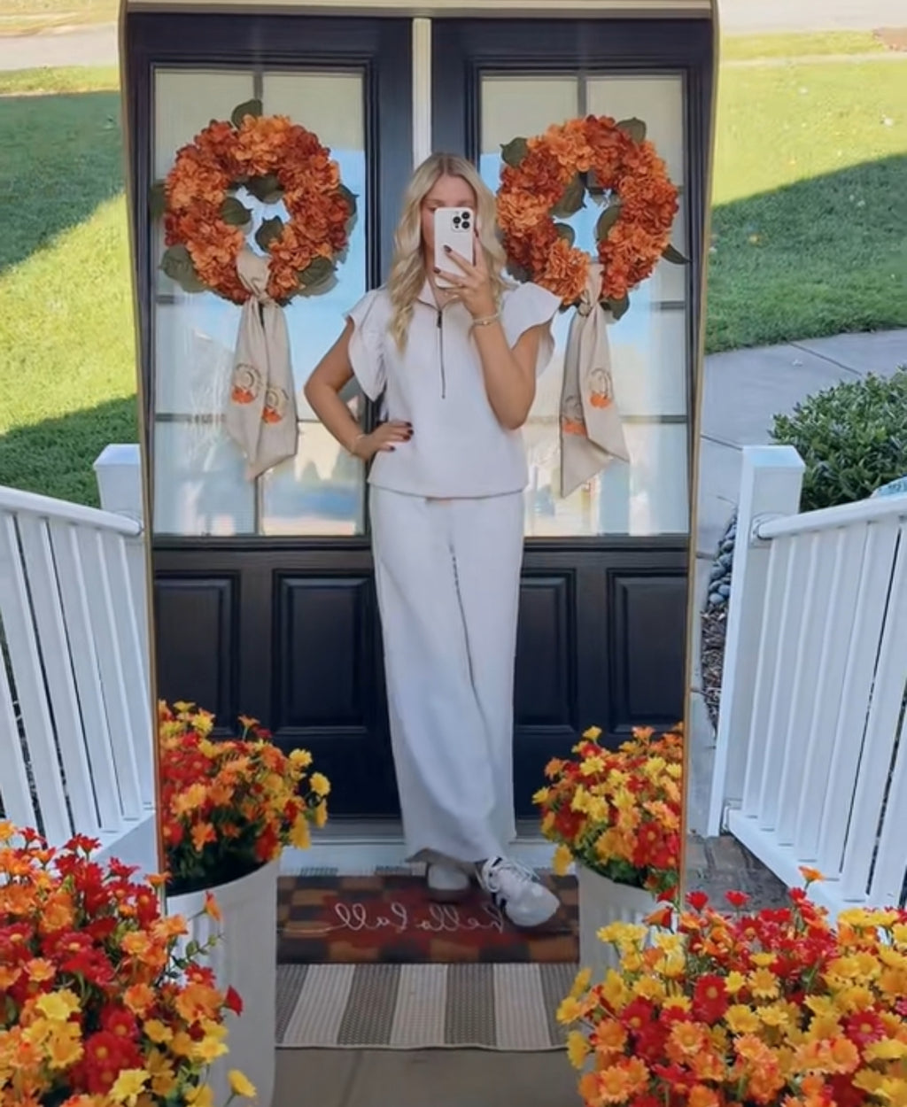 Ruffle Sleeve Zip Top & Wide Leg Pants Set