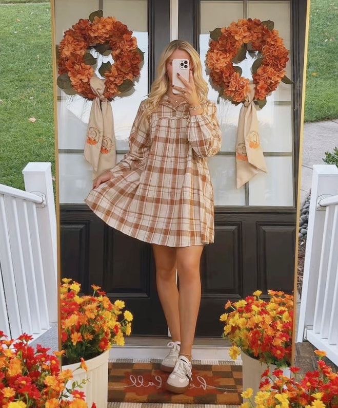 Brown Plaid Print Side Pockets Frilled Babydoll Mini Dress Brown / L / 100%Cotton Brown Plaid Print Side Pockets Frilled Babydoll Mini Dress Brown / L / 100%Cotton