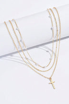 Cross Pendant Pearl Triple Layer Chain Necklace