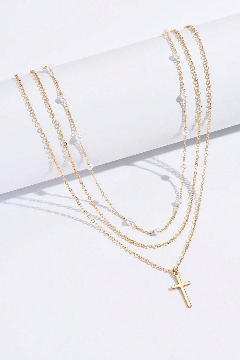 Cross Pendant Pearl Triple Layer Chain Necklace