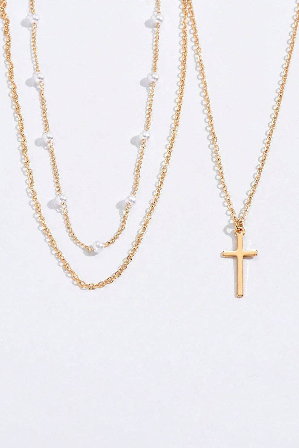 Cross Pendant Pearl Triple Layer Chain Necklace