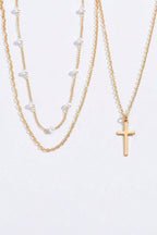 Cross Pendant Pearl Triple Layer Chain Necklace