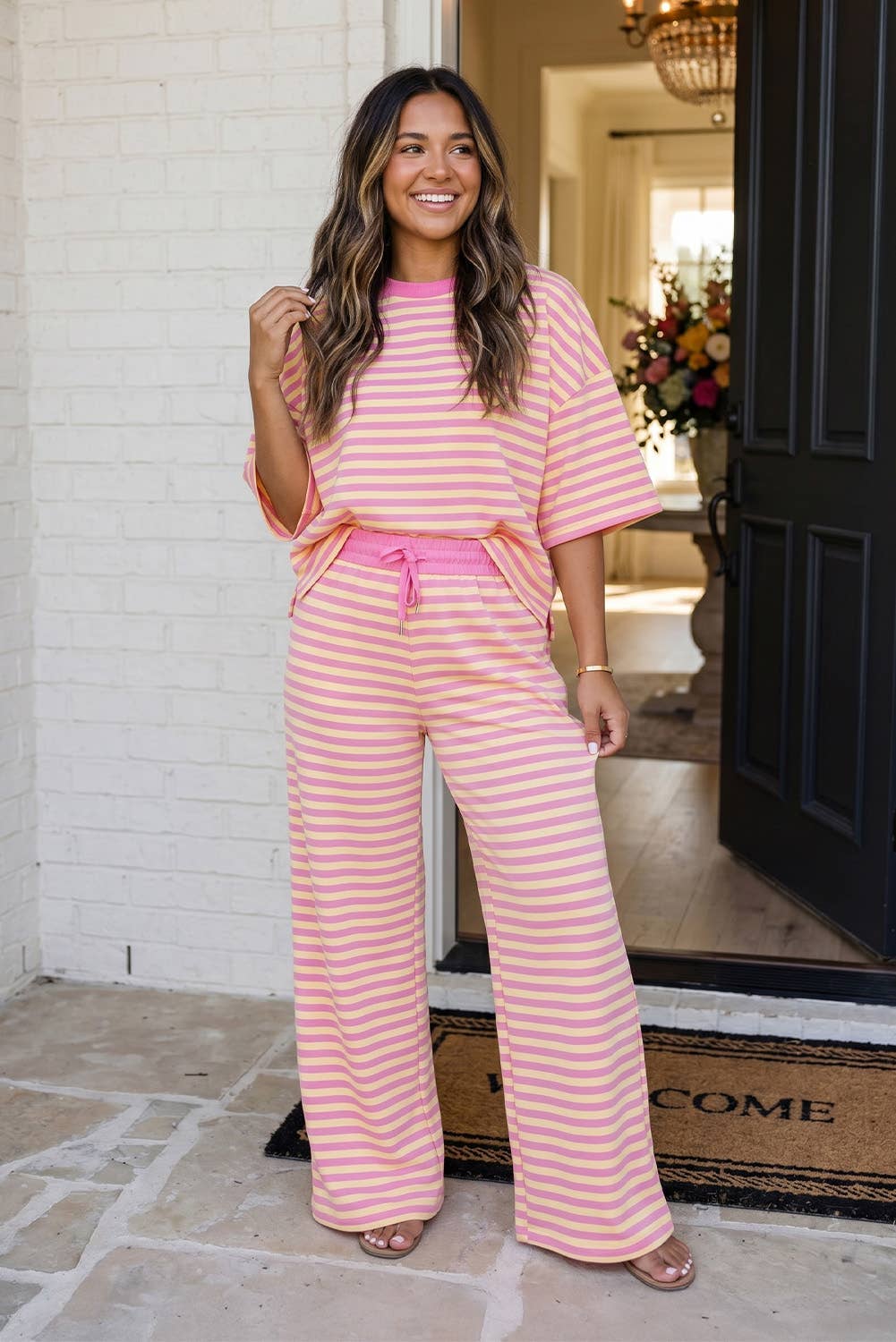 Stripe Drawstring Casual Lounge Set