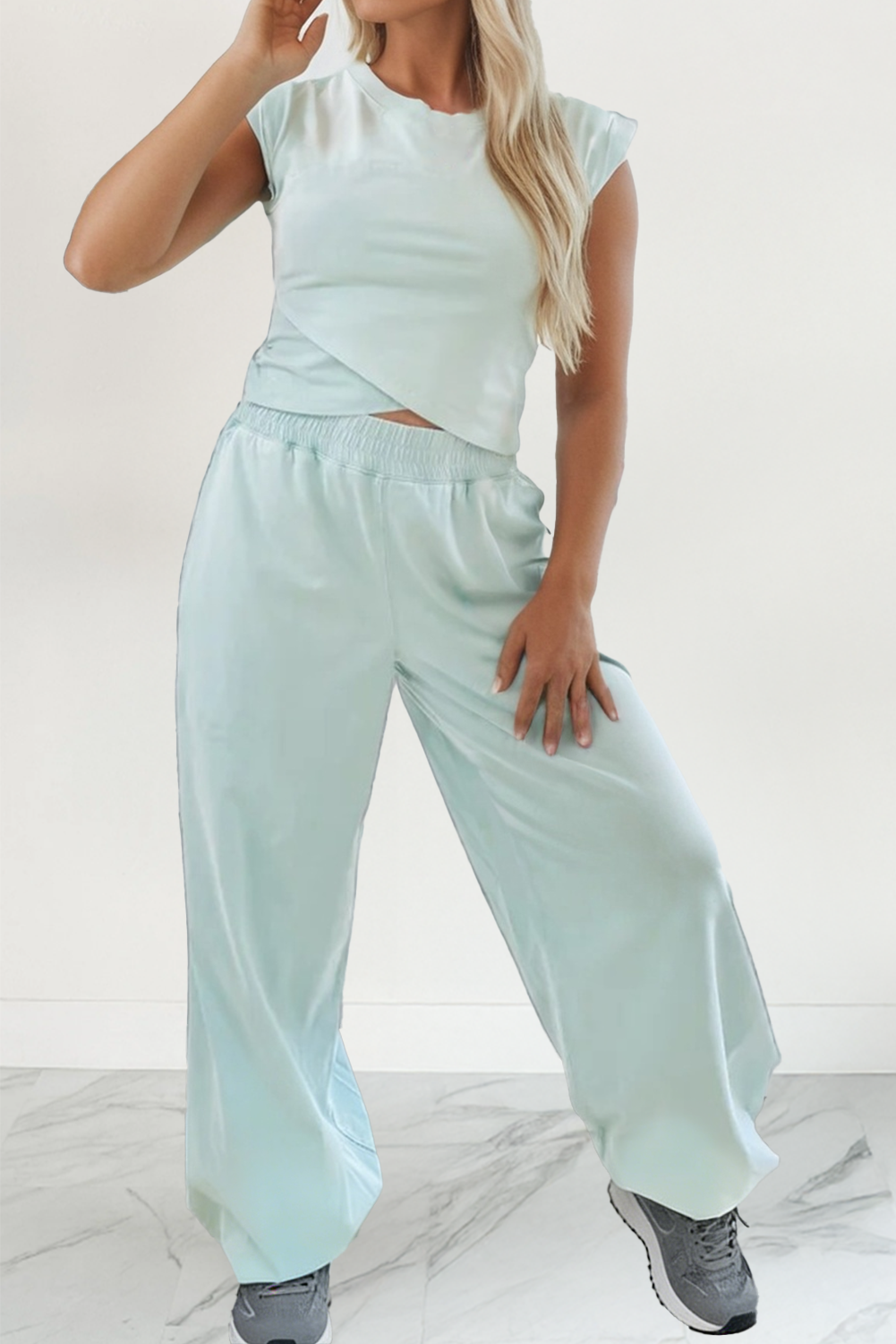 LA Society - LAS-LIVE Solid Cropped Tank Top and Jogger Pants Set (S-XL): Yellow Cream / Missy / L
