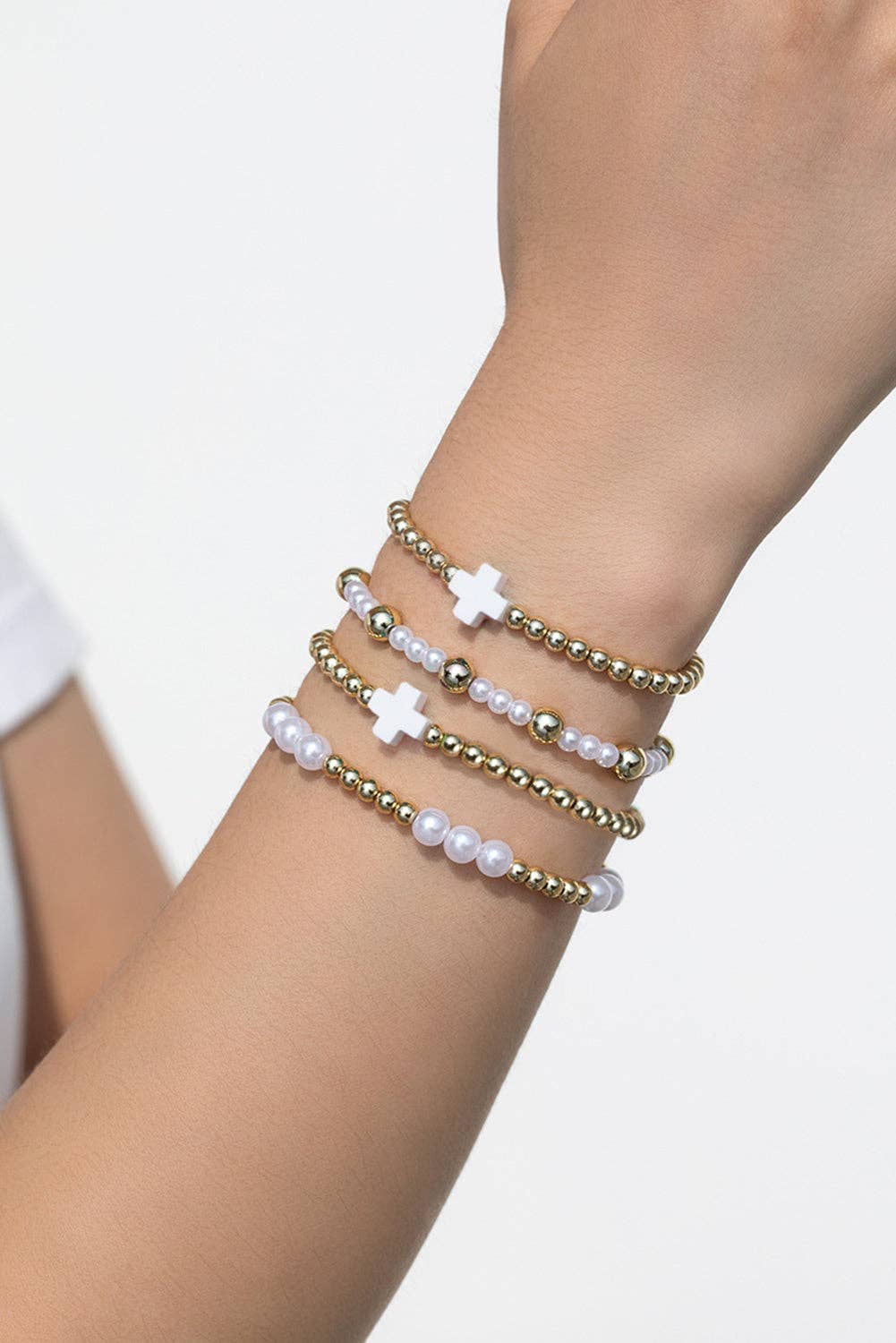 White Cross Pearl Layered Bracelet