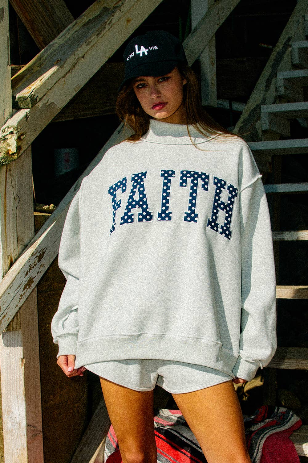 Embroidered Polka-Dot Mock Neck Sweatshirt