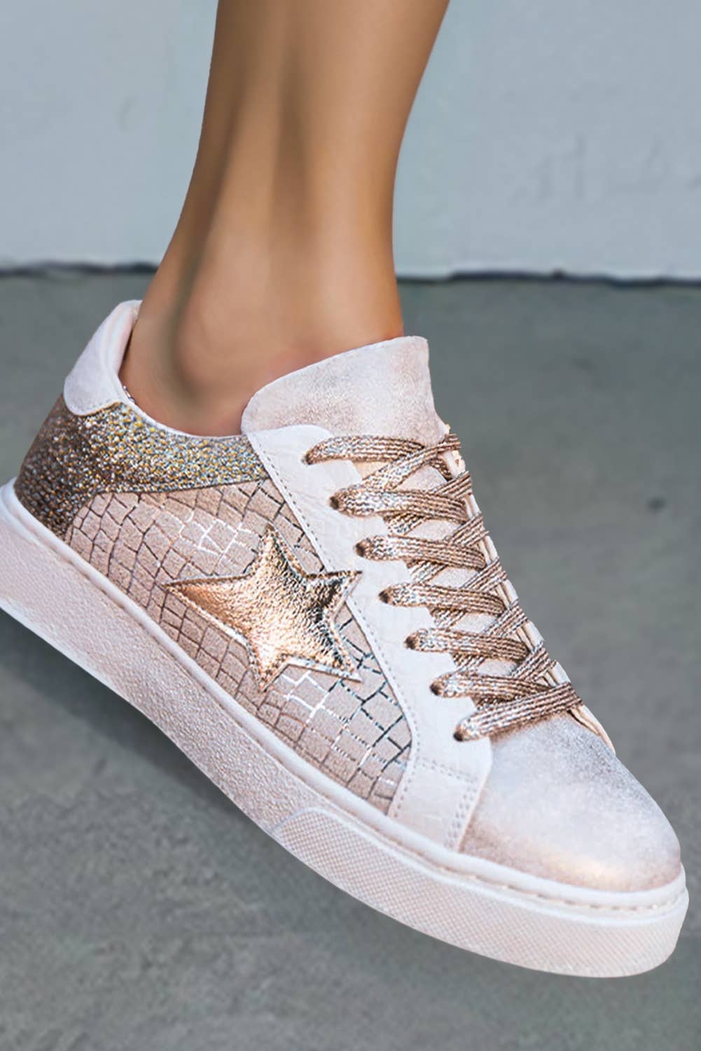 Glitter Star Patchwork Leather Lace-up Sneakers