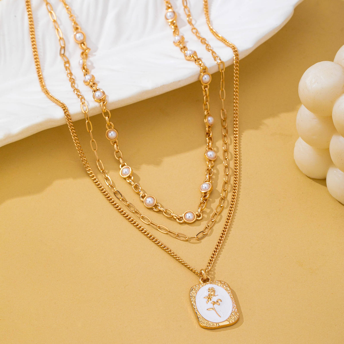 Layered Enamel Pearl Pendant Necklace