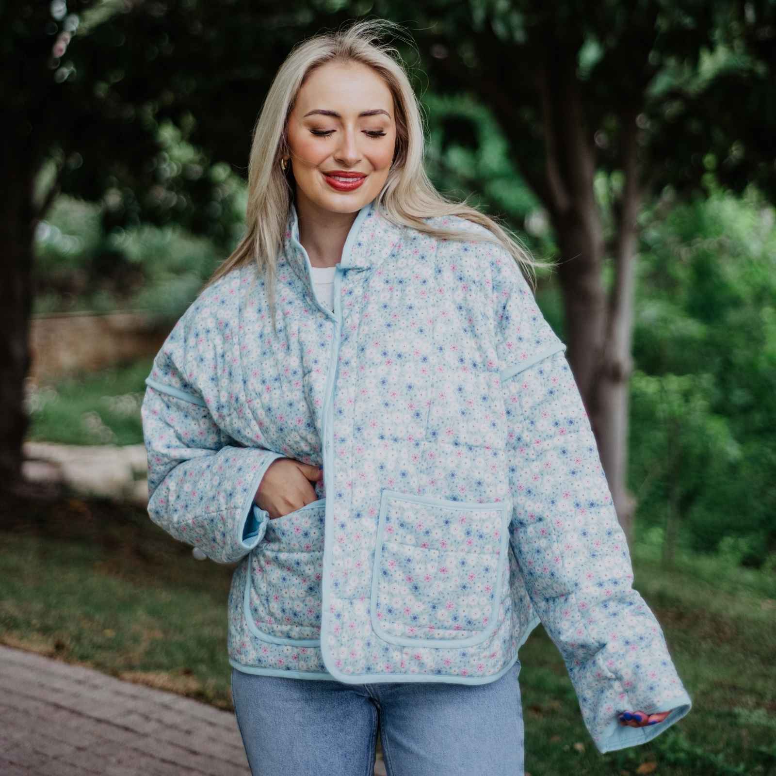 Light Blue Dainty Floral Quilted Jacket