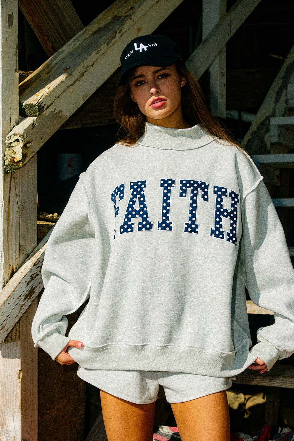 Embroidered Polka-Dot Mock Neck Sweatshirt