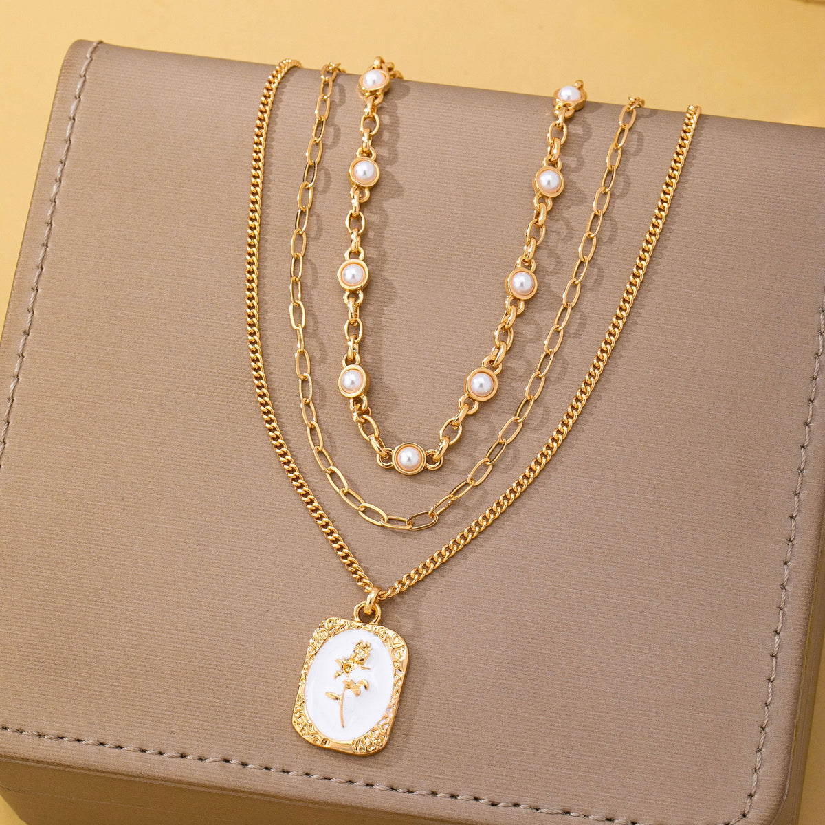 Layered Enamel Pearl Pendant Necklace