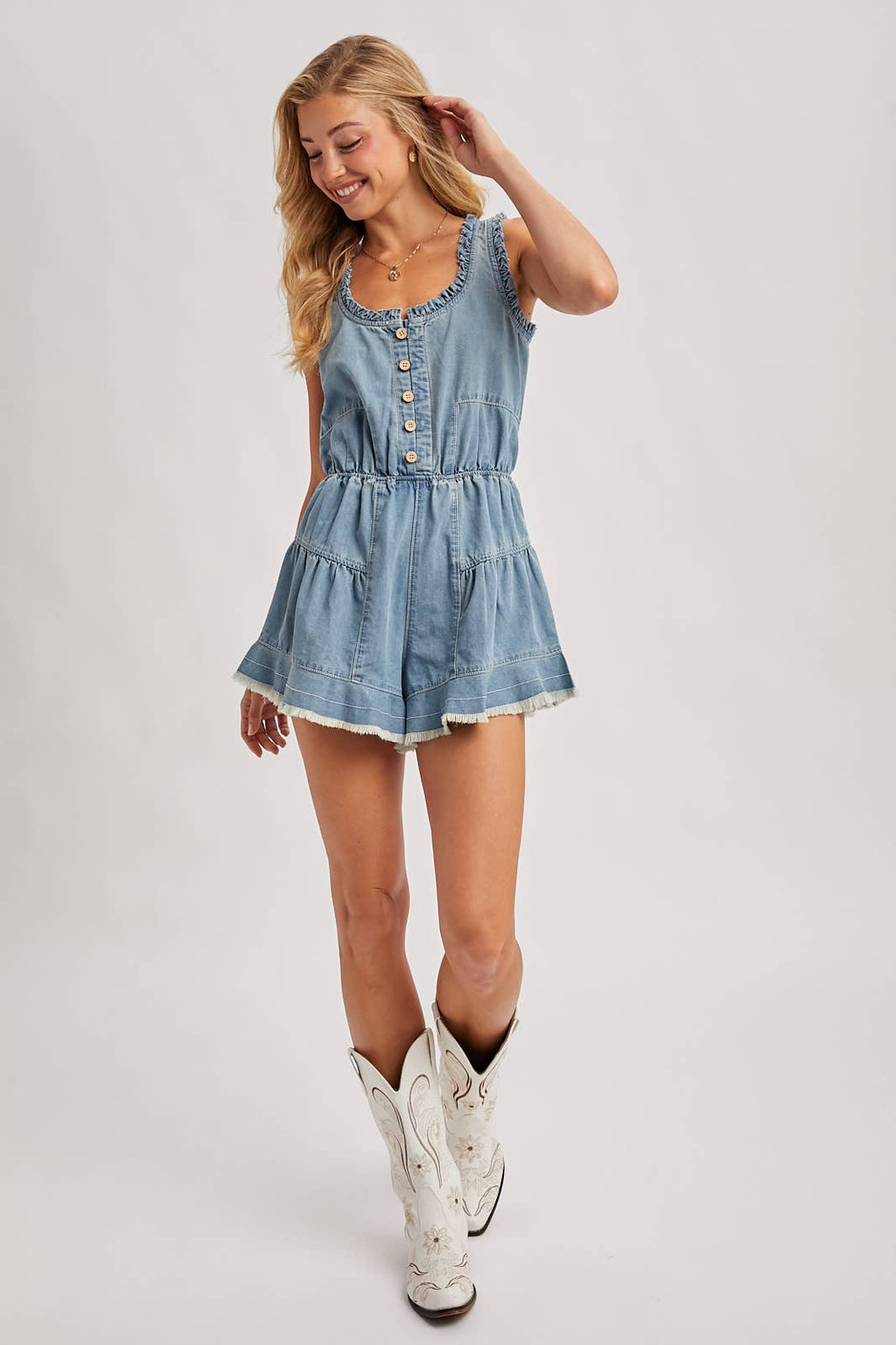 RUFFLED DENIM ROMPER