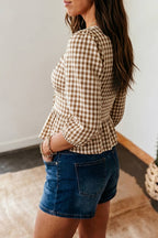 Plaid Sleeve Shirred Top