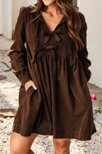 Little Daisy Closet - LDC Bow Knot Front Long Sleeve Corduroy Mini Dress: Coffee / L
