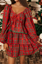Christmas Plaid Bubble Sleeve Mini Dress
