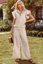 Ruffle Sleeve Zip Top & Wide Leg Pants Set