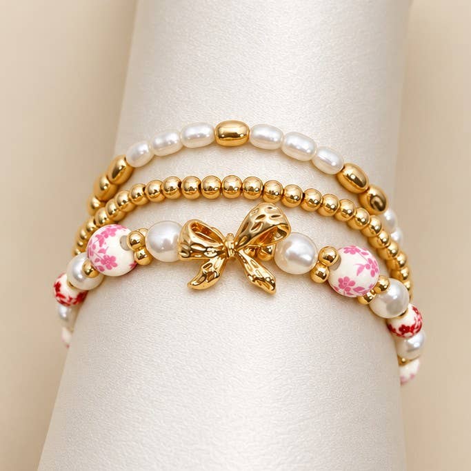 PINK CERAMIC PORCELAIN BOW BRACELET