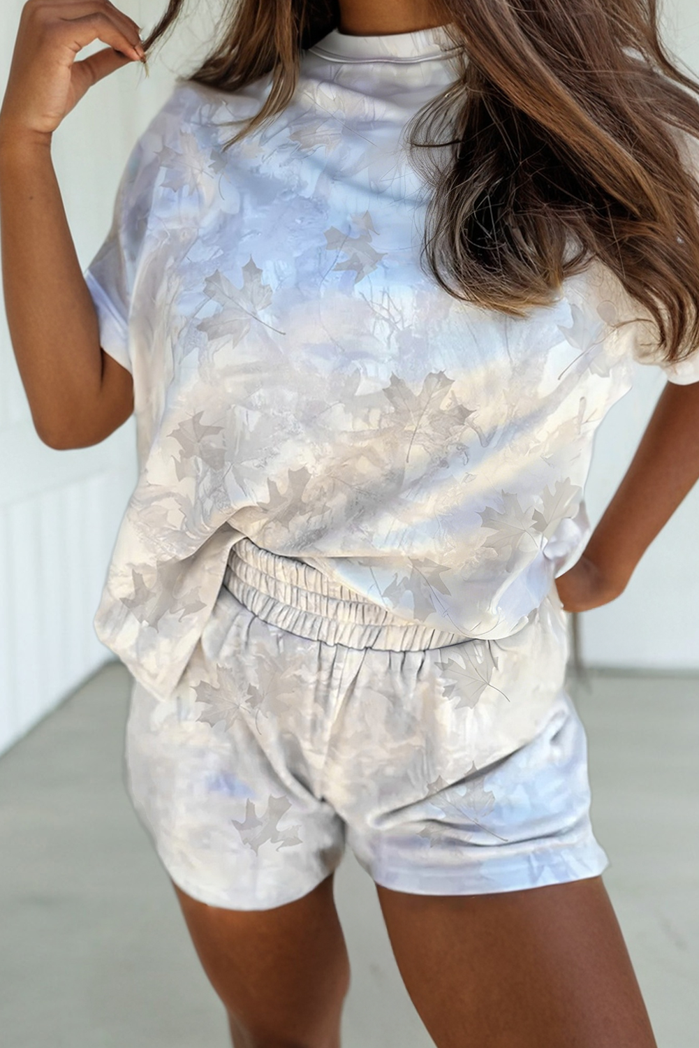 LA Society - LAS-NEW Maple Camo Top and Elastic Waist Short Sets (S-XL): White / Missy / L