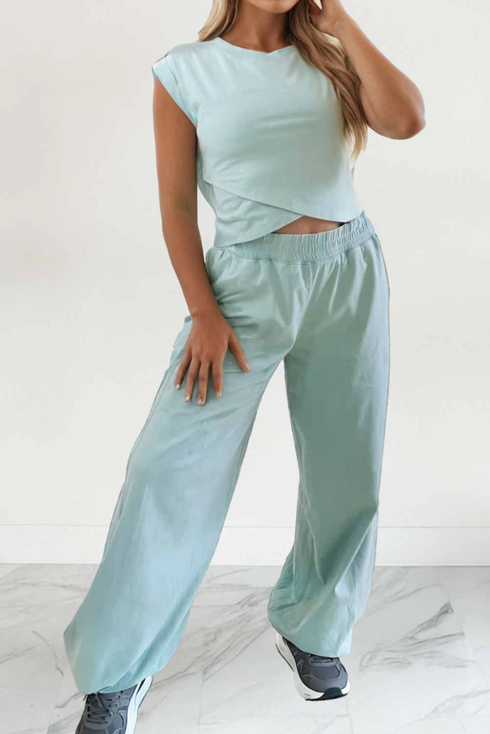 LA Society - LAS-LIVE Solid Cropped Tank Top and Jogger Pants Set (S-XL): Yellow Cream / Missy / L