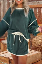 Colorblock Loose Pullover Lace-up Waist Skort Set