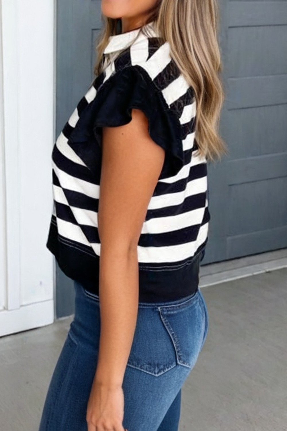 Everlee Stripe Collar Ruffled Blouse