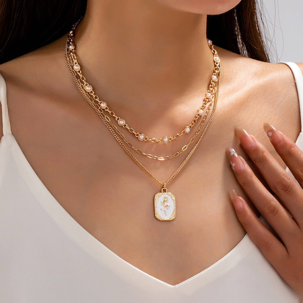 Layered Enamel Pearl Pendant Necklace